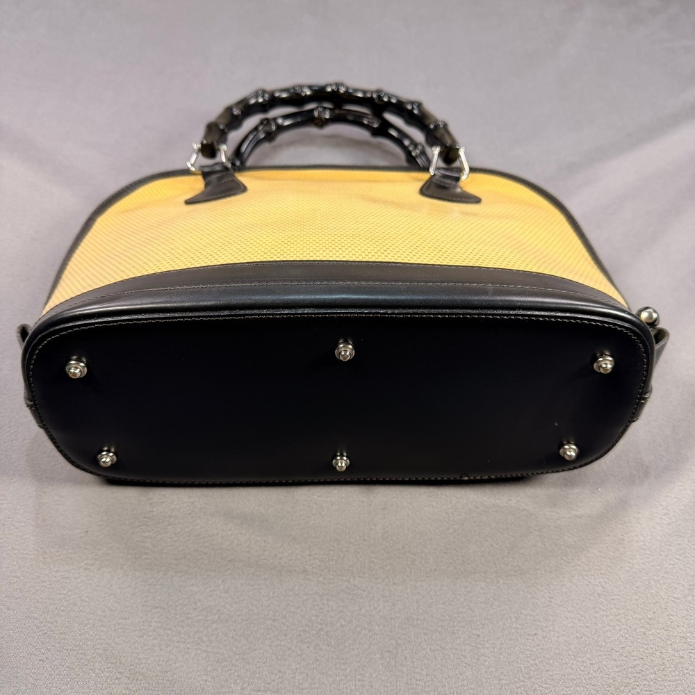 Dooney & Bourke Bamboo Handle Dome Satchel Straw Leather Tan Black Medium Silver - Picture 4 of 13